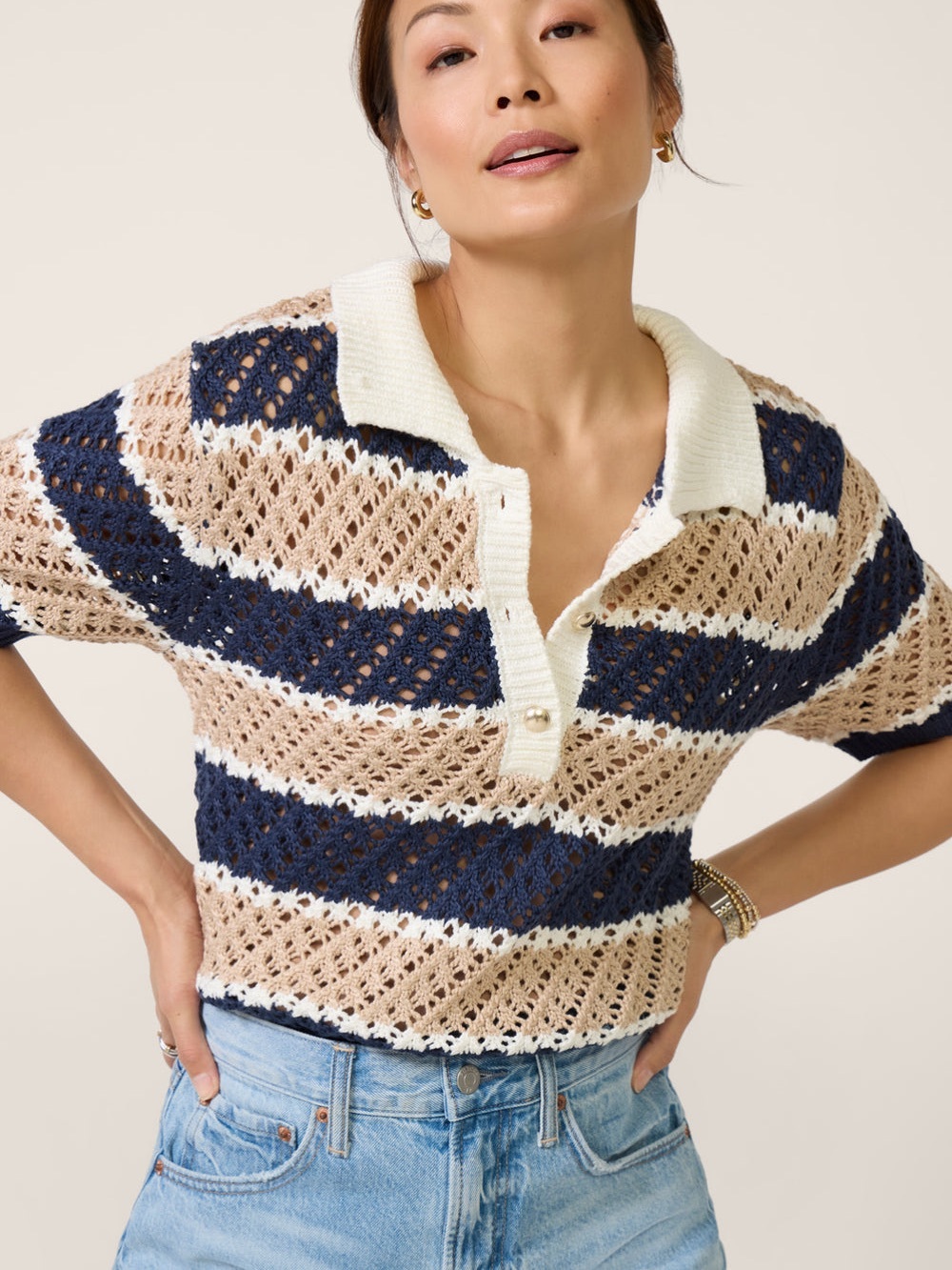 Design History Navy, Beige & Cream Striped Crochet Polo Crop Top